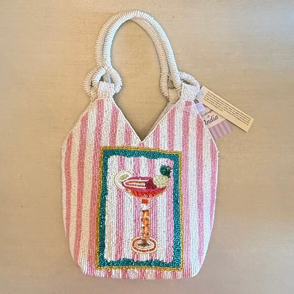 TJ Maxx Handbags - NWT Viral Handcrafted In India Beaded Pink White Striped Tote Cocktail Bag